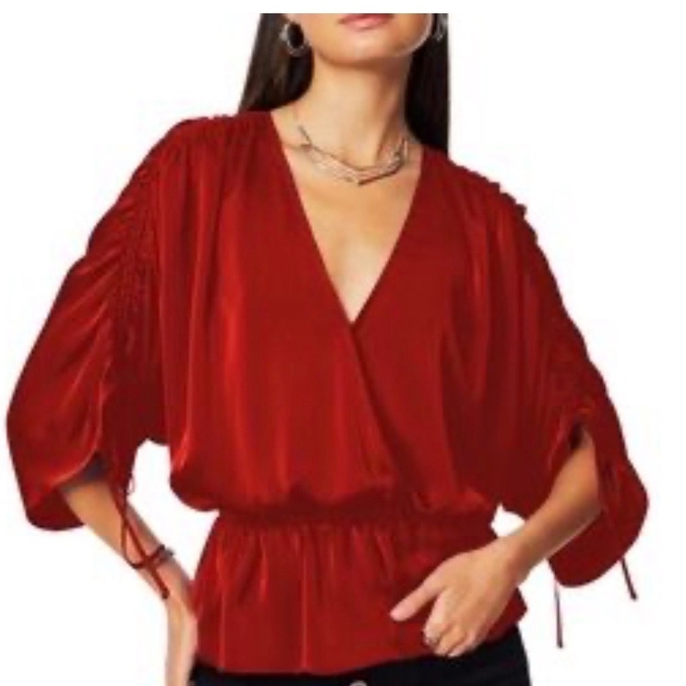 Ramy Brook‎ Suzette Surplice Satin Blouse Clay Red Ruched Peplum Top Med. (J)